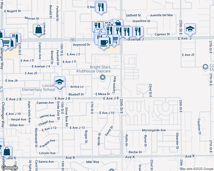 map of restaurants, bars, coffee shops, grocery stores, and more near 44035 Parkview Lane in Lancaster