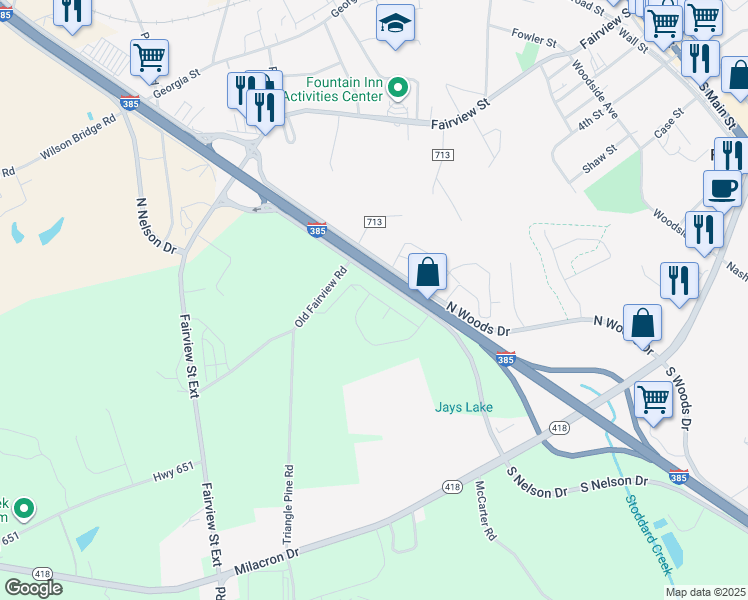 map of restaurants, bars, coffee shops, grocery stores, and more near 193-299 North Nelson Drive in Fountain Inn