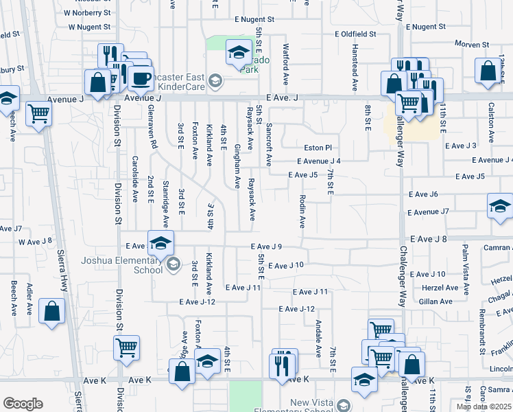 map of restaurants, bars, coffee shops, grocery stores, and more near 44044 Raysack Avenue in Lancaster