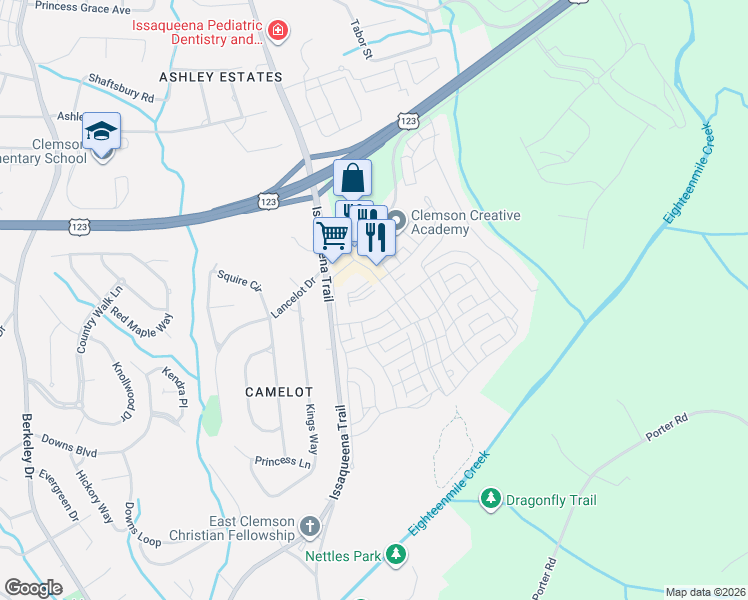 map of restaurants, bars, coffee shops, grocery stores, and more near 160 Thomas Green Boulevard in Clemson