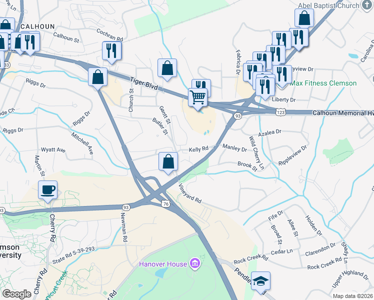 map of restaurants, bars, coffee shops, grocery stores, and more near 207 Kelly Road in Clemson