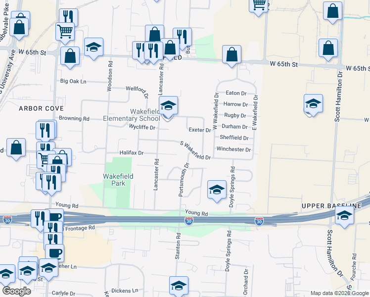 map of restaurants, bars, coffee shops, grocery stores, and more near 54 South Wakefield Drive in Little Rock