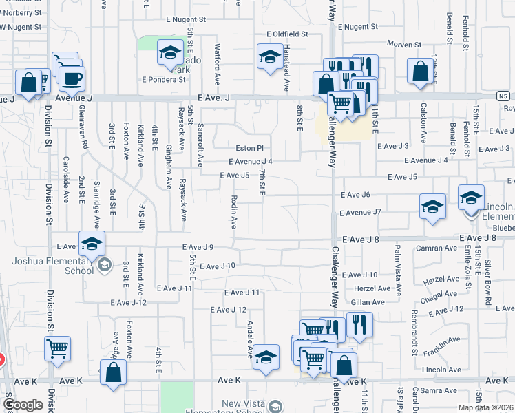 map of restaurants, bars, coffee shops, grocery stores, and more near 44057 7th Street East in Lancaster