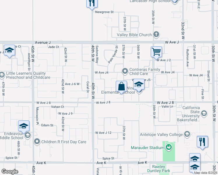 map of restaurants, bars, coffee shops, grocery stores, and more near 4139 West Avenue J 6 in Lancaster
