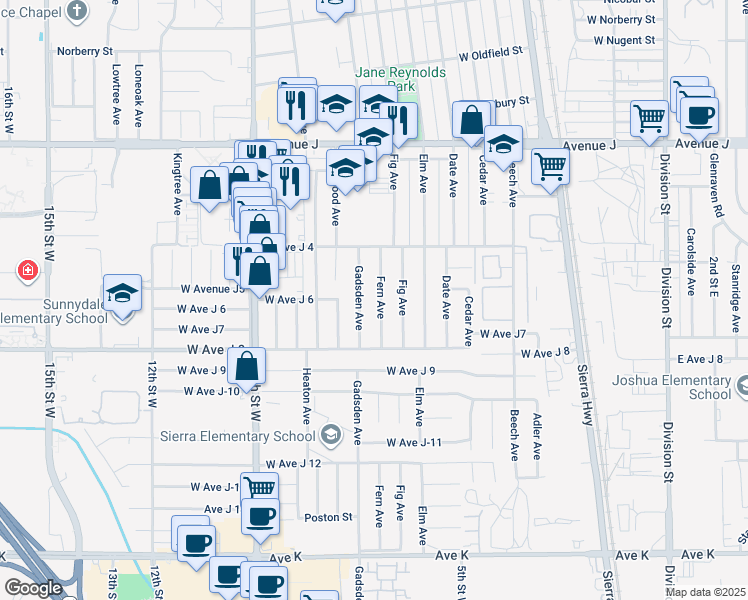 map of restaurants, bars, coffee shops, grocery stores, and more near 44059 Fern Avenue in Lancaster