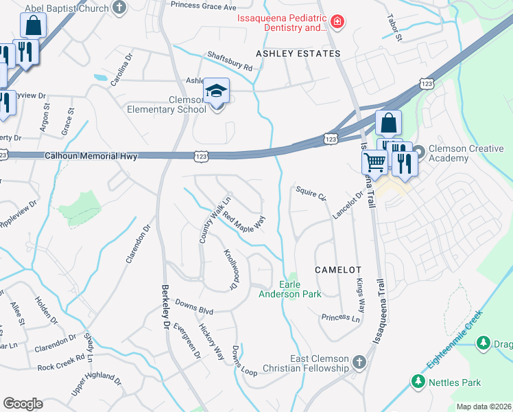 map of restaurants, bars, coffee shops, grocery stores, and more near 304 Red Maple Way in Clemson