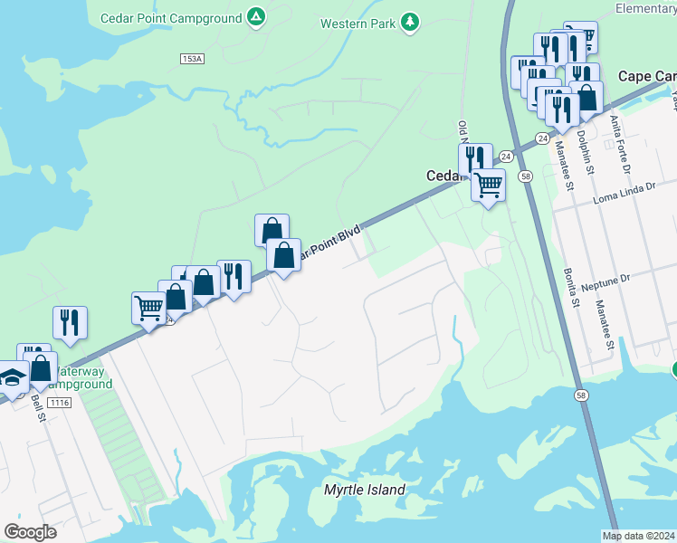 map of restaurants, bars, coffee shops, grocery stores, and more near 100 Lighthouse Lane in Swansboro