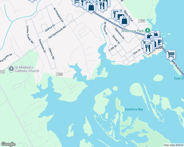 map of restaurants, bars, coffee shops, grocery stores, and more near 205 Deer Island Rd in Swansboro