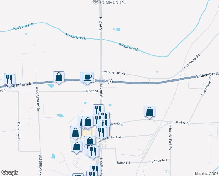 map of restaurants, bars, coffee shops, grocery stores, and more near 303-349 E Chambers Dr in Booneville