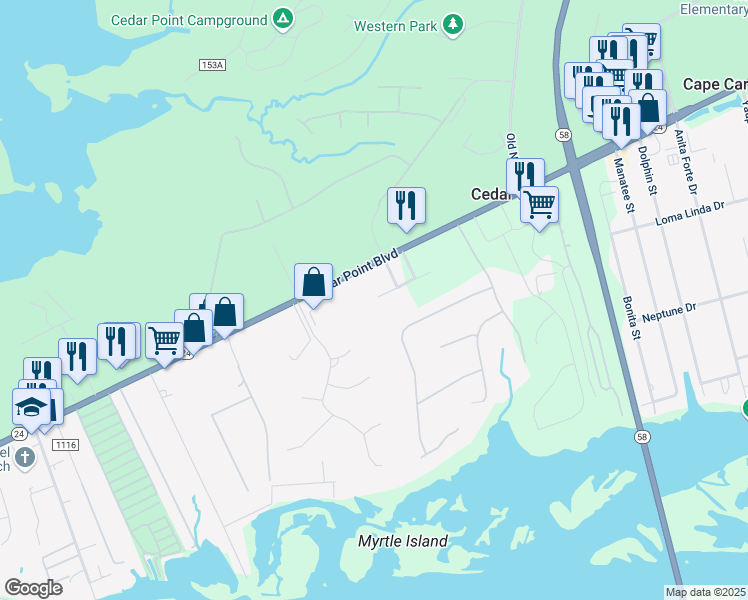 map of restaurants, bars, coffee shops, grocery stores, and more near 100 Lighthouse Lane in Swansboro
