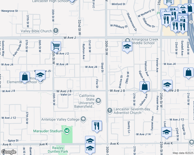 map of restaurants, bars, coffee shops, grocery stores, and more near 2104 West Avenue J 6 in Lancaster