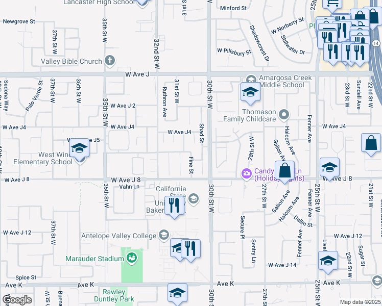 map of restaurants, bars, coffee shops, grocery stores, and more near 2104 West Avenue J 6 in Lancaster