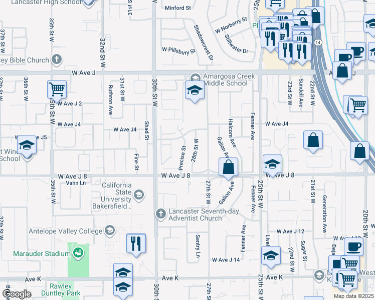 map of restaurants, bars, coffee shops, grocery stores, and more near 44112 Precise Street in Lancaster