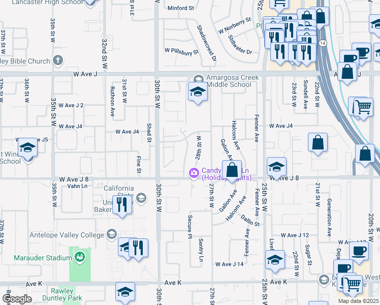 map of restaurants, bars, coffee shops, grocery stores, and more near 44112 Precise Street in Lancaster