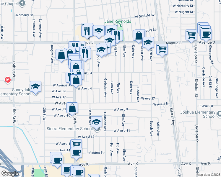 map of restaurants, bars, coffee shops, grocery stores, and more near 44059 Fern Avenue in Lancaster