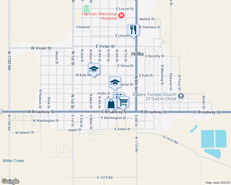 map of restaurants, bars, coffee shops, grocery stores, and more near 310 North 6th Street in Hollis