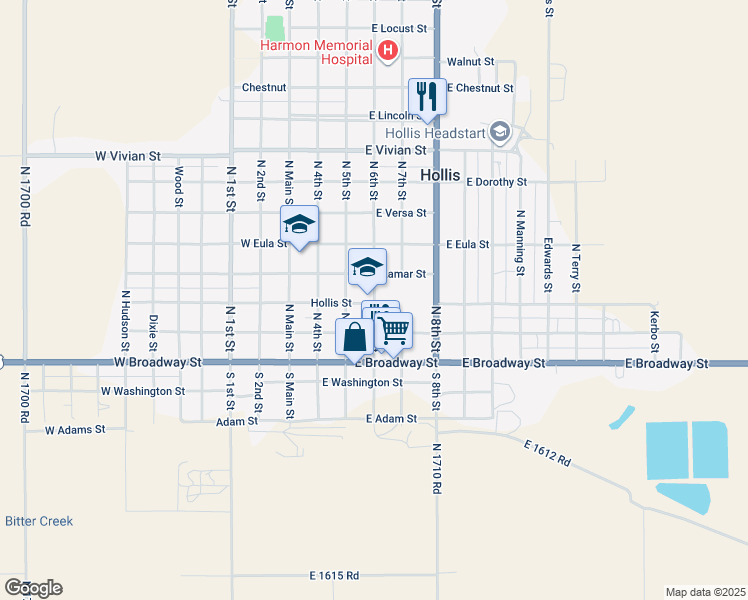 map of restaurants, bars, coffee shops, grocery stores, and more near 310 North 6th Street in Hollis