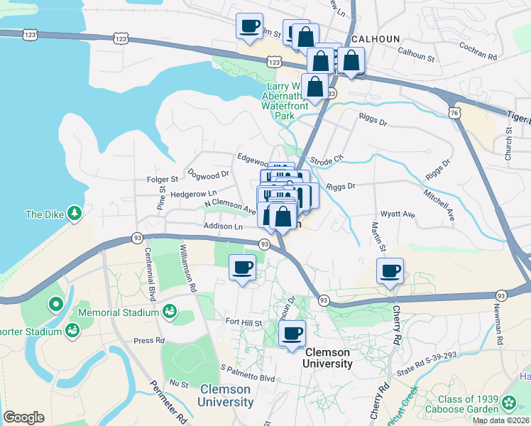 map of restaurants, bars, coffee shops, grocery stores, and more near 393 College Avenue in Clemson