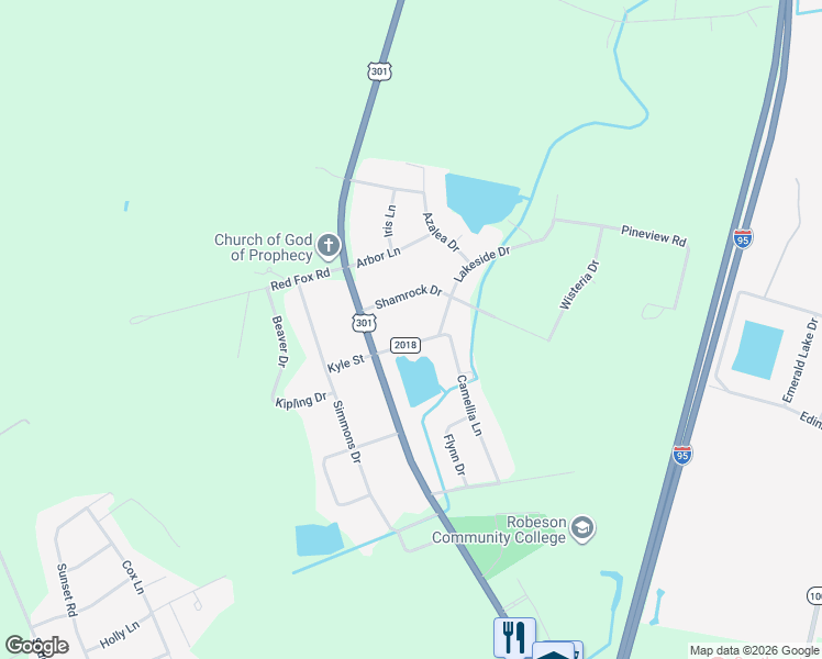 map of restaurants, bars, coffee shops, grocery stores, and more near 103 Lakeside Drive in Lumberton