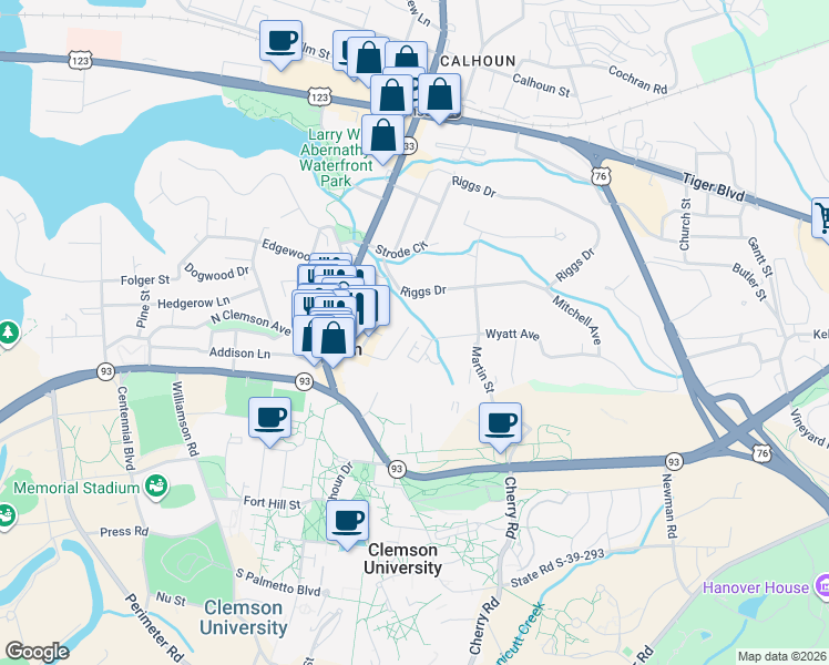 map of restaurants, bars, coffee shops, grocery stores, and more near 28 Foy Creek Drive in Clemson
