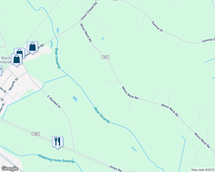 map of restaurants, bars, coffee shops, grocery stores, and more near 4073 Moss Neck Road in Pembroke