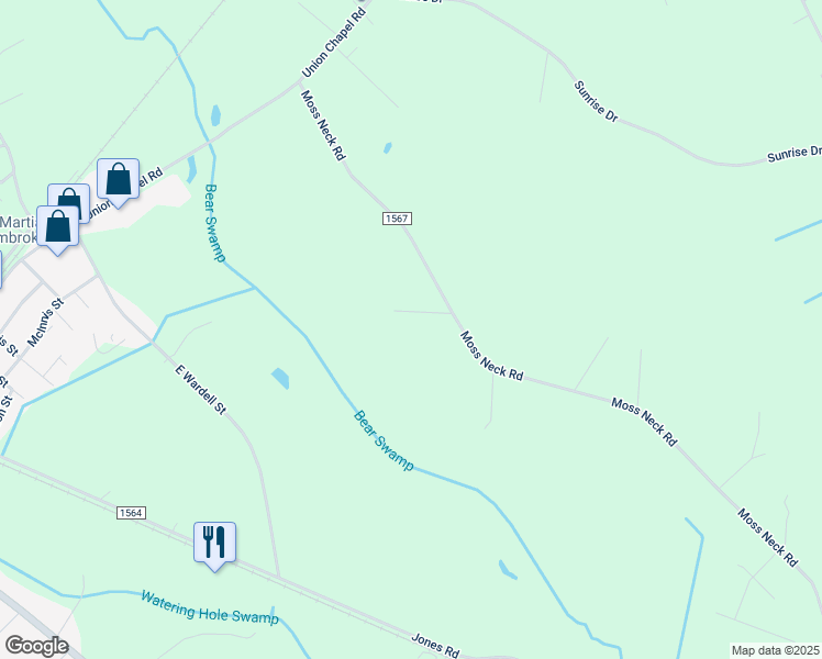 map of restaurants, bars, coffee shops, grocery stores, and more near 4073 Moss Neck Road in Pembroke