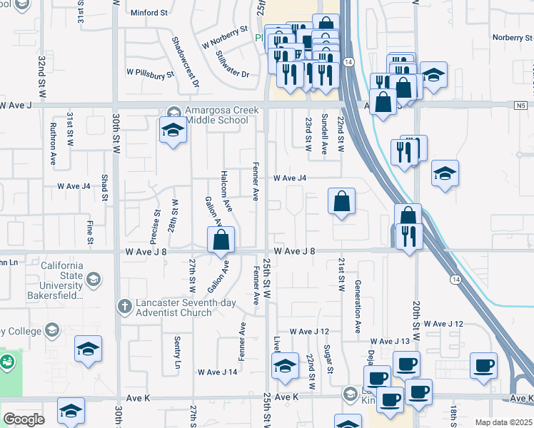 map of restaurants, bars, coffee shops, grocery stores, and more near 44110 25th Street West in Lancaster