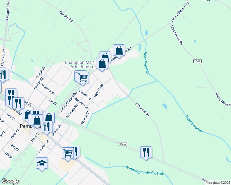 map of restaurants, bars, coffee shops, grocery stores, and more near 310 East Wardell Street in Pembroke