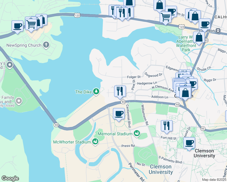 map of restaurants, bars, coffee shops, grocery stores, and more near 106 Sunset Avenue in Clemson