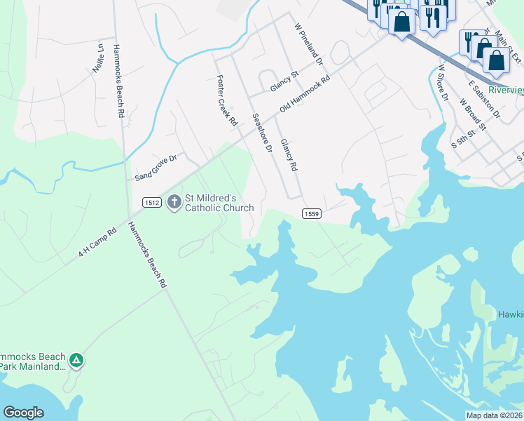 map of restaurants, bars, coffee shops, grocery stores, and more near 142 Foster Creek Court in Swansboro