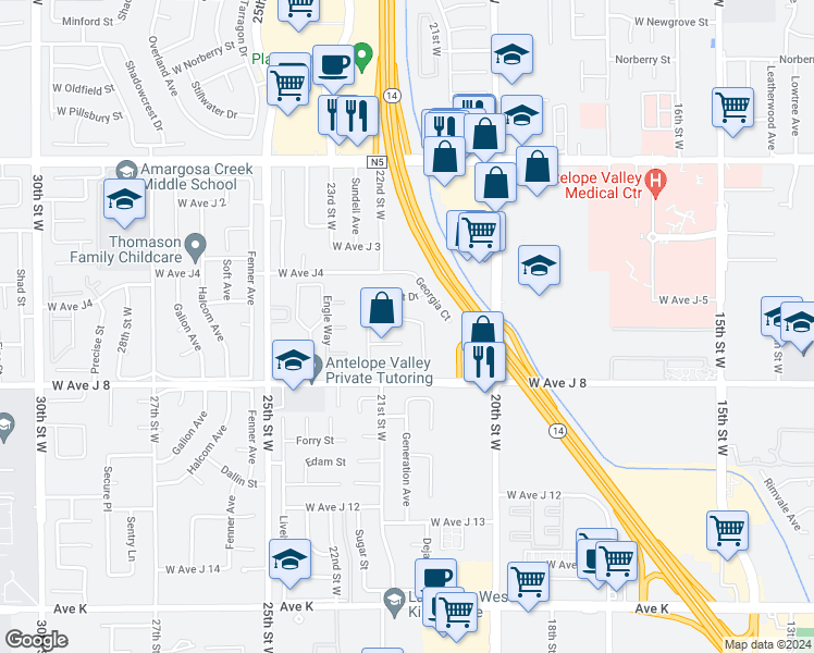 map of restaurants, bars, coffee shops, grocery stores, and more near 2032 West Avenue J 5 in Lancaster