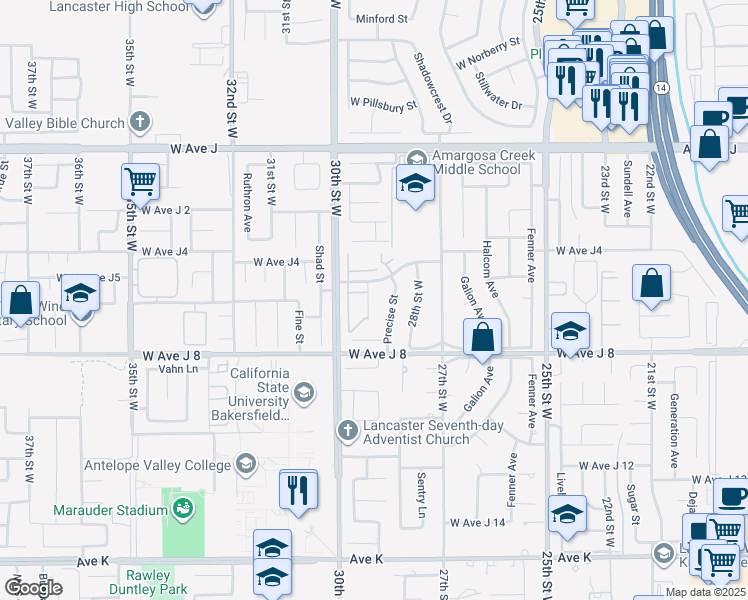 map of restaurants, bars, coffee shops, grocery stores, and more near 44154 Planet Circle in Lancaster