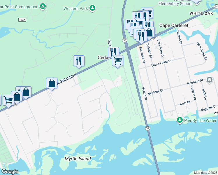 map of restaurants, bars, coffee shops, grocery stores, and more near 209 Royal Oaks Court in Cedar Point