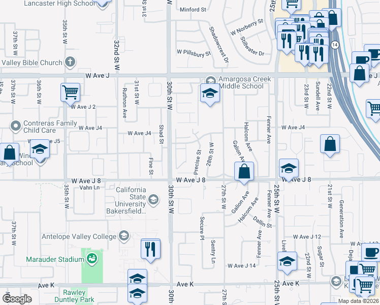 map of restaurants, bars, coffee shops, grocery stores, and more near 44154 Planet Circle in Lancaster