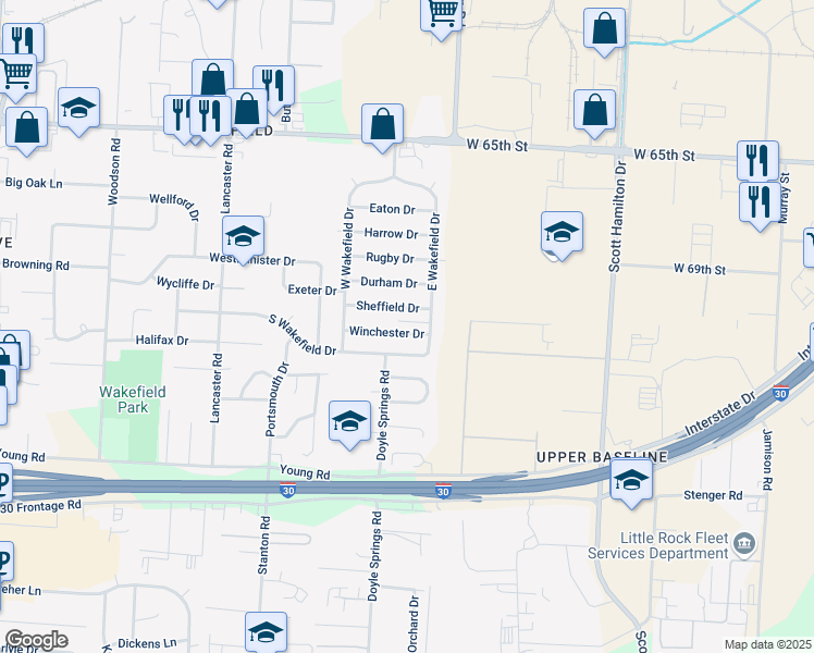 map of restaurants, bars, coffee shops, grocery stores, and more near 3 Sheffield Street in Little Rock