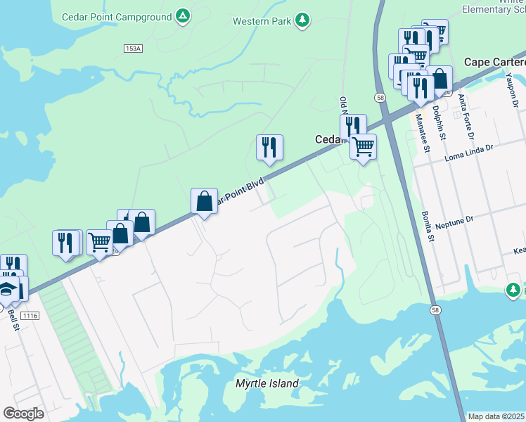map of restaurants, bars, coffee shops, grocery stores, and more near 300 Lighthouse Lane in Swansboro
