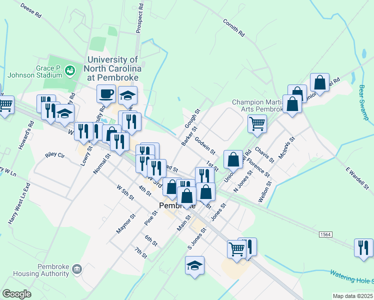 map of restaurants, bars, coffee shops, grocery stores, and more near 309 1st Street in Pembroke