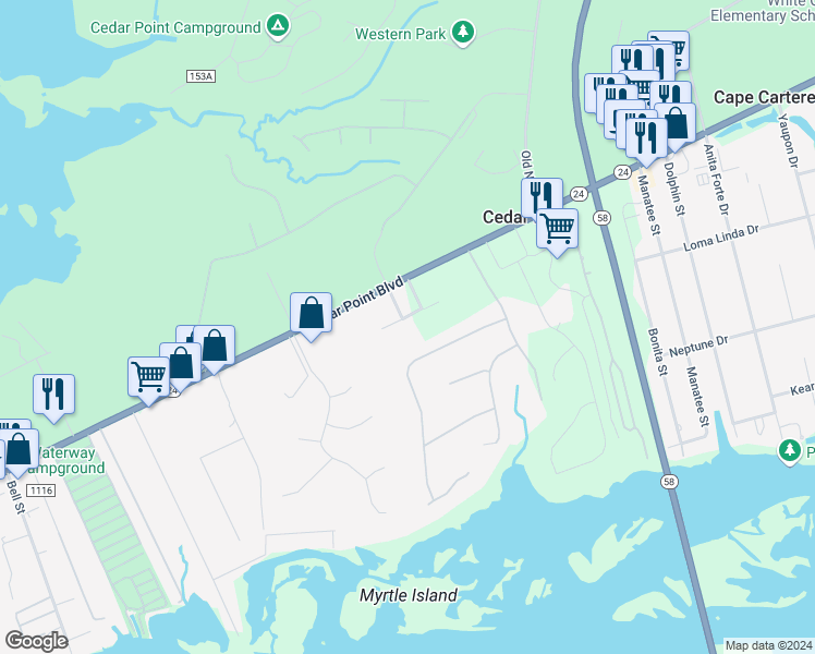 map of restaurants, bars, coffee shops, grocery stores, and more near 300 Lighthouse Lane in Swansboro