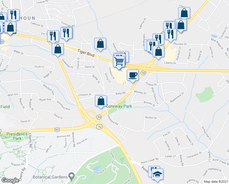 map of restaurants, bars, coffee shops, grocery stores, and more near 207 Kelly Road in Clemson