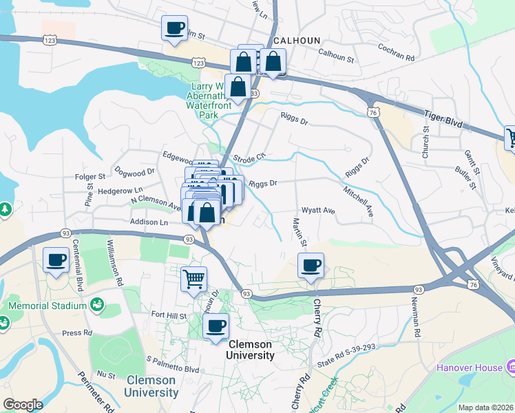 map of restaurants, bars, coffee shops, grocery stores, and more near 116 Fendley Street in Clemson