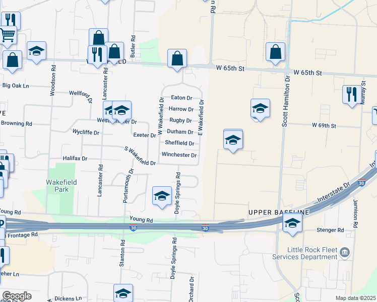 map of restaurants, bars, coffee shops, grocery stores, and more near 3 Sheffield Street in Little Rock