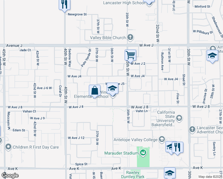 map of restaurants, bars, coffee shops, grocery stores, and more near 3603 West Avenue J 6 in Lancaster