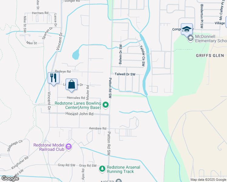 map of restaurants, bars, coffee shops, grocery stores, and more near 4501 Patton Road Southwest in Huntsville