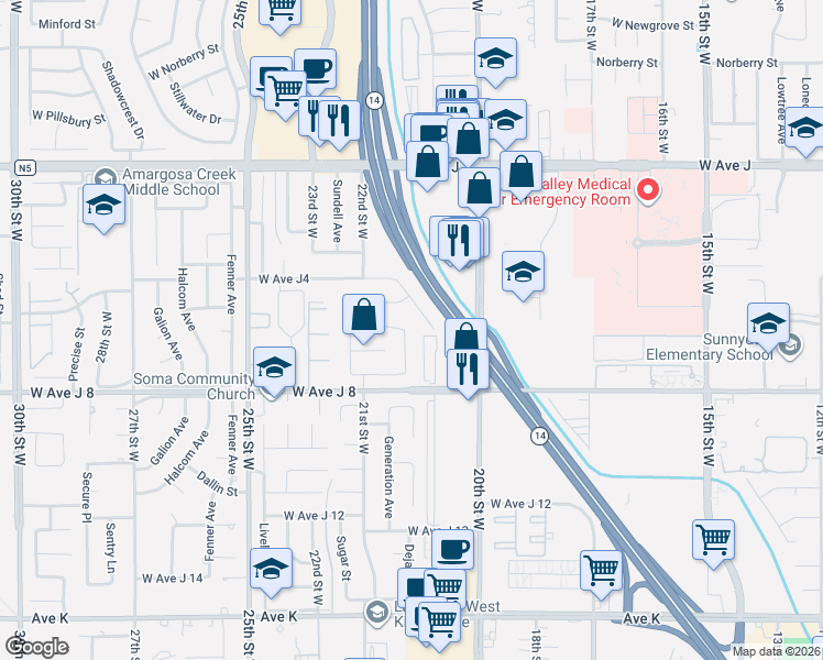 map of restaurants, bars, coffee shops, grocery stores, and more near 2011 West Avenue J5 in Lancaster