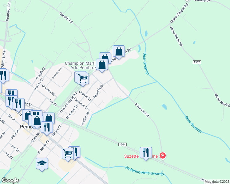 map of restaurants, bars, coffee shops, grocery stores, and more near 310 East Wardell Street in Pembroke