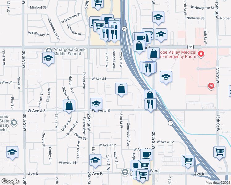 map of restaurants, bars, coffee shops, grocery stores, and more near 44105 22nd Street West in Lancaster