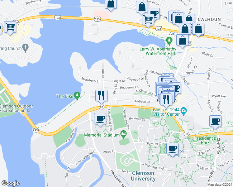 map of restaurants, bars, coffee shops, grocery stores, and more near 203 Pine Street in Clemson
