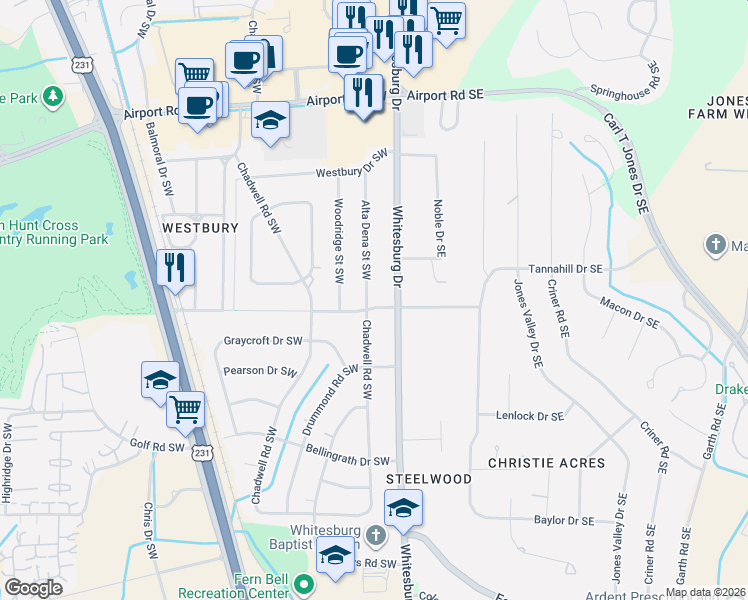 map of restaurants, bars, coffee shops, grocery stores, and more near 5629 Alta Dena Street Southwest in Huntsville