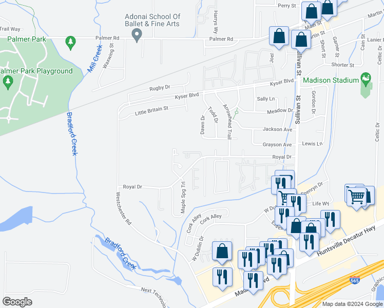map of restaurants, bars, coffee shops, grocery stores, and more near 140 Royal Drive in Madison