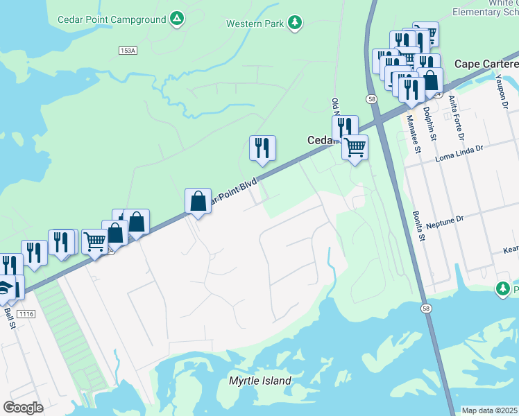 map of restaurants, bars, coffee shops, grocery stores, and more near 300 Lighthouse Lane in Swansboro